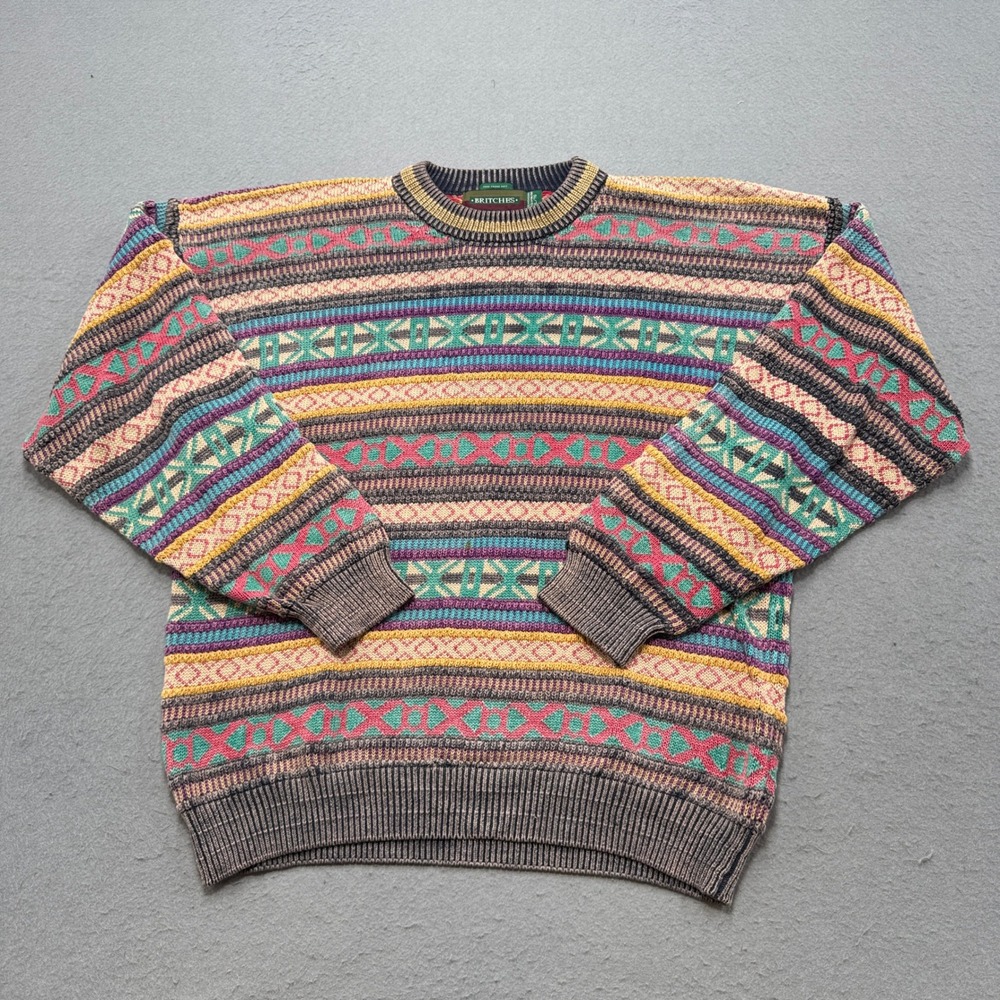 Vintage 90s Britches Knit Sweater Mens XL Aztec Southwestern Geometric Cotton